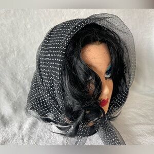 Vintage 50s sheer black with white polkadots scarf, velvet soft